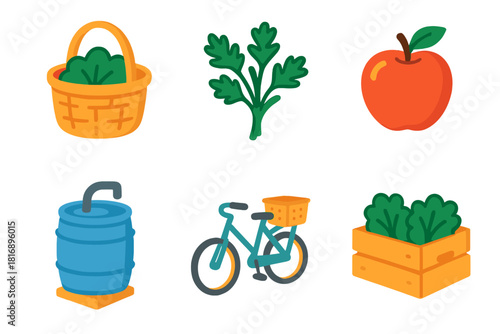 Eco-Friendly Icons. Sustainable Harvest flat icons set. basket, herbs, fruit, rainwater barrel, bicycle, reusable crate