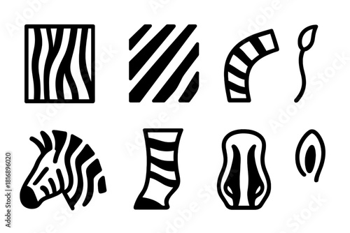 Zebra Stripe Icons. Zebra Patterns linear icon set: stripe panel, diagonal stripes, curved stripe band, tail tuft, mane stripe, leg stripe, muzzle shape, ear tip