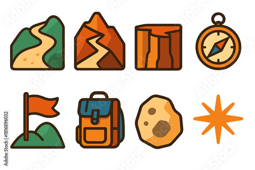 Vibrant Adventure Icons. Adventure Trail flat icon set: rugged path, steep incline, canyon edge, compass point, trail flag, backpack icon, climbing stone, nature spark