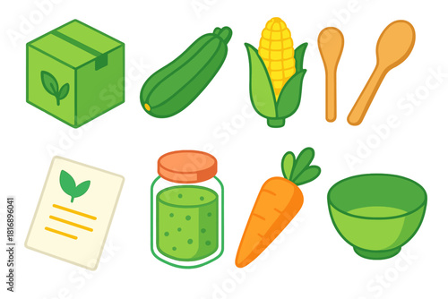 Green Cuisine Icons. Green Cuisine Box flat icon set: cardboard box, zucchini, corn, wooden spoon, recipe, jar, carrot, bowl