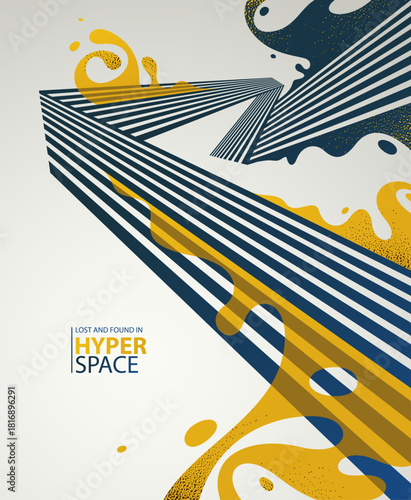 Blast of exploding lava over parallel lines in perspective vector abstract background, concept of order converting to chaos as entropy is rising, surreal fluid splash.