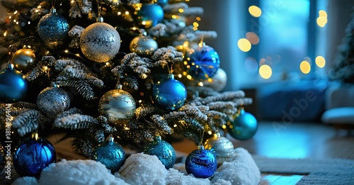 Festive Christmas tree decorated with blue ornaments, lights. Snowy base creates cozy winter scene, blurred background suggests home interior.