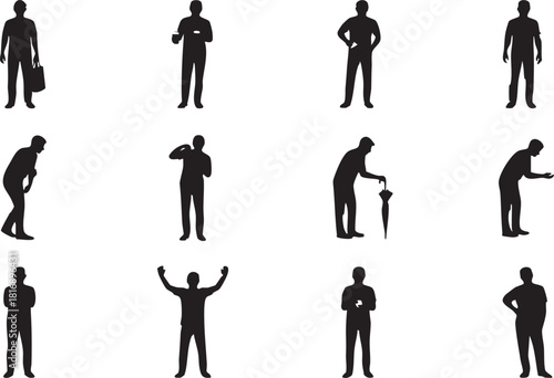 Silhouette of people in different poses, including standing, walking, and bending over, creating a dynamic and diverse visual representation