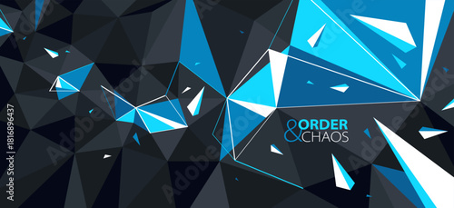 Abstract polygonal vector background of low poly surface and broken shapes particles in motion, black and blue colors order and chaos creative concept.