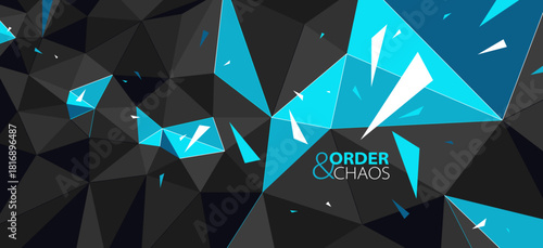 Black and blue polygonal vector abstract background, 3D low poly surface with dynamic particles in motion, order and chaos creative concept, broken elements.