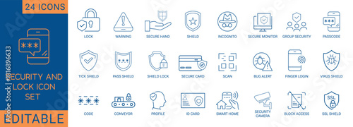 Security and Cybersecurity solid icon set. Includes symbols for Encryption, Data Protection, Firewall, Fingerprint, Antivirus, Secure Login, Shield Protection, Malware Alert, Security Scan