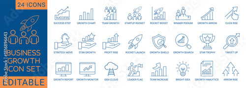 Business Growth and Success Icon Set. Includes modern vector icons for Profit Chart, Startup Rocket, Revenue Increase, Achievement, Investment, Business Strategy, Analytics, Target Goal, and Financial