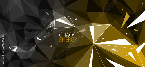 Low poly vector abstract background, 3D dark polygonal surface and particles flying in chaos, triangular structure and debris in decay, science and technology.