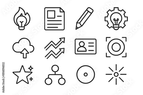 Creative Work Icons. Labor Day Creativity in Work Set linear icon set: idea flame, project sheet, design pencil, innovation gear, concept cloud, creative arrows, task card, focus