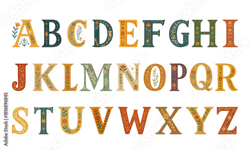 A decorative floral alphabet set in a vintage folk-art style, featuring ornate botanical patterns and warm earthy colors for creative design and typography projects