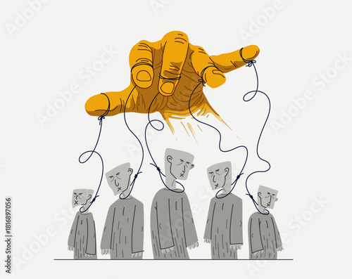 Hand of a toxic manipulator controls his victims, social zombies concept, social manipulations dictatorship and control, cultural code, vector illustration of psychological manipulation.