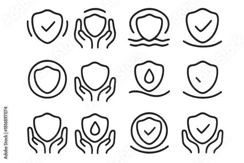 Safety Shield Icons. Safety Shield linear icon set: soft-edged shield, gentle glow, safety checkmark, protective hands, calm wave, shield halo, stable line, supportive arc, clear