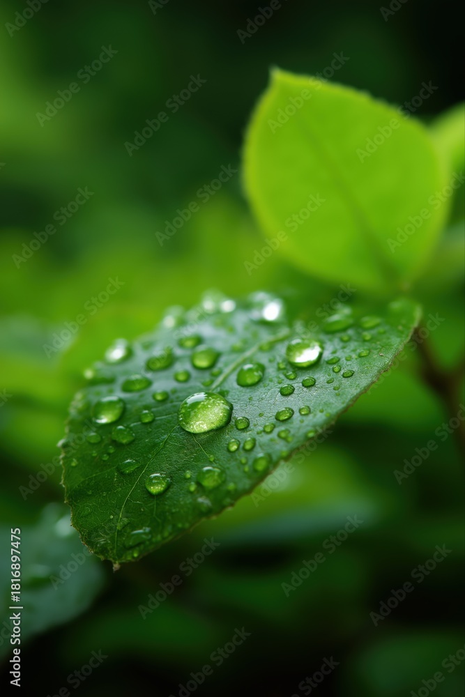 Fototapeta premium Close-up of dew-covered green leaves in lush natural setting