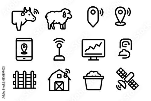 Animal Tracking Icons. Animal Tracking Devices linear icon set. cow, sheep, GPS tag, tablet, antenna, data chart, fence, barn, sensor, hoof, feed bucket, satellite