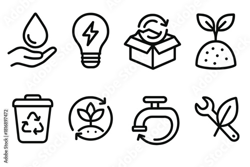 Sustainable Resources Icons. Sustainable resource systems actions linear icon set: water conservation, energy saving, material reuse, soil regeneration, waste reduction, renewable
