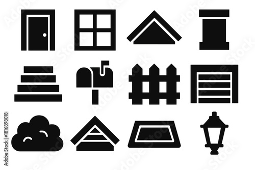 Brutalist House Icons. House Elements Set silhouette icon set: front door, window frame, rooftop, chimney, porch steps, mailbox, fence panel, garage door, garden bush, attic vent