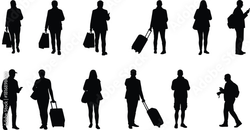 Black Silhouette Set of Diverse Travelers Walking, Standing, and Posing with Luggage, Shopping Bags, Backpacks, and Cell Phones on White Background for Architectural Rendering and Graphic Design Use