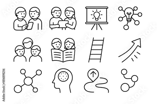 Collaborative Learning Icons. Collaborative Study Pack linear icon set: peer discussion, shared tablet, group idea board, teamwork icon, co-created notes, learning ladder, synergy