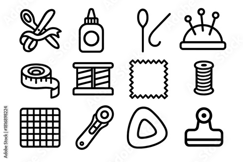 Crafting Tool Icons. Craft Ribbon Tools linear icon set: ribbon scissors, glue dot, needle threader, pin cushion, measuring tape, ribbon organizer, fabric swatch, cutting mat