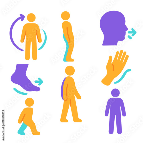 Soothing Movement Icons. Soothing Movement Methods flat icon set: light sway loop, smooth posture curve, guided inhale icon, flowing hand path, subtle foot shift, gentle spine arc