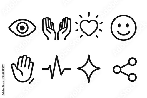 Emotional Engagement Icons. Emotional Engagement Icons linear icon set: attentive eye, open hands, heart glow, warm smile curve, gentle wave, steady pulse, caring spark, connection