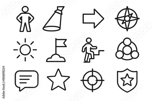 Leadership Icons Set. Leadership Presence Elements Set linear icon set: confident stance icon, spotlight beam, guidance arrow, vision compass, clarity spark, goal flag, steady