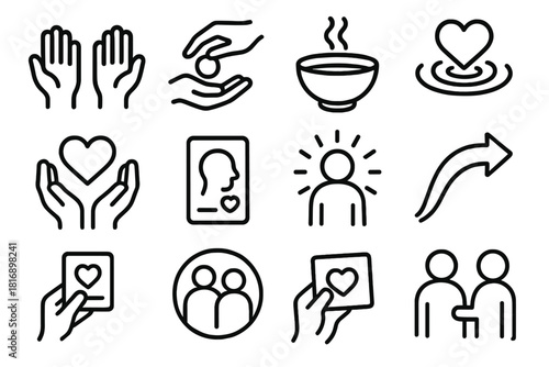 Generosity Icons Collection. Generosity Set linear icon set: open hands icon, giving gesture, warm offering bowl, kindness ripple, shared heart symbol, thoughtful action card