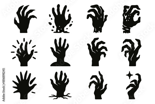 Creepy Hand Silhouettes. Creepy Hand Elements linear icon set: clawed silhouette, shadowed fingers, rotten knuckles, popping dirt fragments, tattered cuff, eerie glow, grave mound