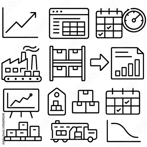Operations Planning Icons. Operations & Planning Set linear icon set: forecast graph, MRP window, scheduling grid, capacity gauge, production line, buffer stock icon, allocation