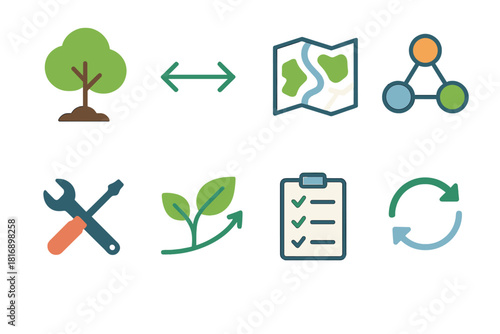 Urban Green Icons. Urban Green Planning Actions flat icon set: plant tree icon, measure arrow, plan map, collaboration nodes, maintenance tools, growth arc, review checklist, adapt