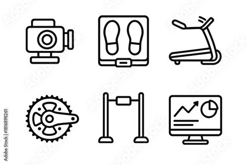 Sports Tech Icons. Sports Performance Tech Set linear icon set: high-speed camera, force plate, treadmill sensor, power meter, timing gate, analytics screen