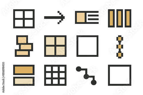Pixel Art Icon Set. Organized Structure Set pixel style icon set: aligned boxes tile, sequence arrow, labeled row tag, tidy column bar, sorted stack icon, structured panel, clean
