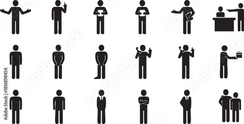 Illustration of various stick figures in different poses, depicting diverse actions, interactions, and professions in a simple and iconic style