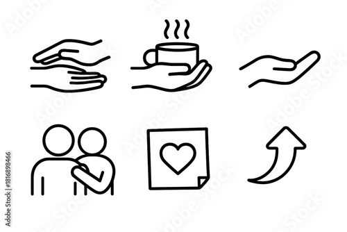 Icons of Compassion. Compassion Actions linear icon set: comforting hand, shared cup, offering gesture, supportive shoulder, kindness note, uplift arrow