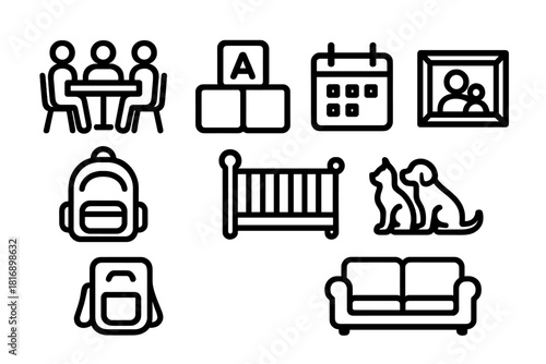 Family Life Icons. Family Life linear icon set: dinner table, toy block, calendar, photo frame, backpack, crib, pets silhouette, couch