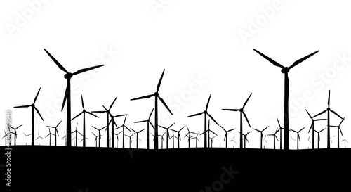 Vast wind farm silhouette against a clear sky, symbolizing renewable energy and a sustainable future for global power generation.