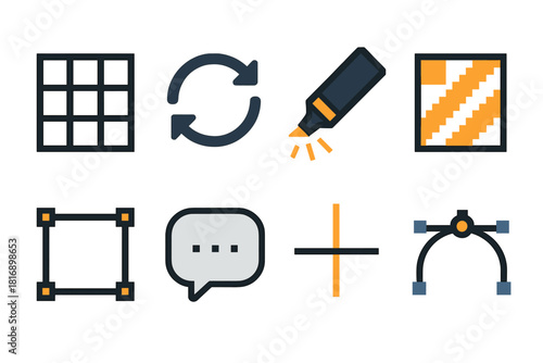 Creative Icons Set. Creative Quality Control Icons pixel style icon set: design grid, revision loop, highlight beam, pattern check, structure frame, review bubble, alignment line