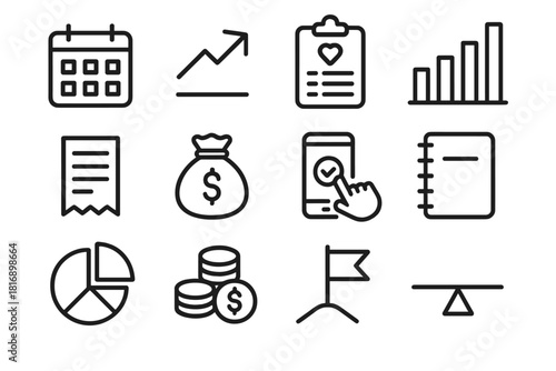 Budget Planning Icons. Monthly Budget Plan linear icon set: calendar block, income arrow, expense tracker, bar graph, receipt slip, savings pouch, planned payment icon, budget