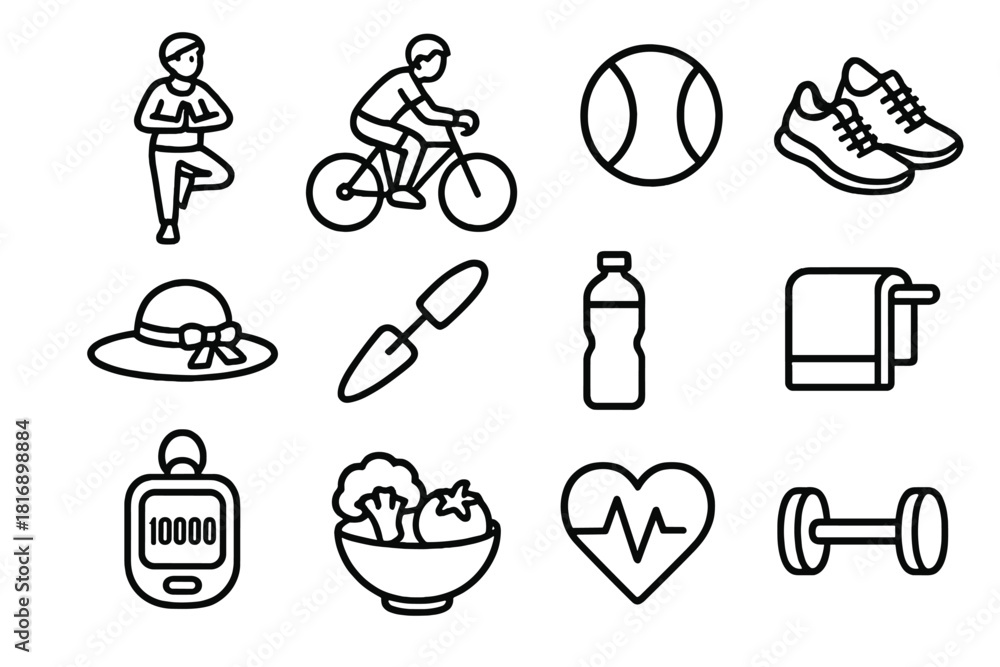 Obraz premium Healthy Lifestyle Icons. Active aging linear icon set. yoga pose, bicycle, tennis ball, walking shoes, sun hat, garden tool, water bottle, towel, step counter, healthy meal, heart