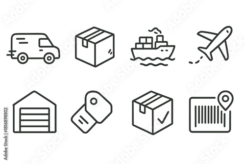 Shipping Icon Set. Shipping Options set of icons in doodle hand-drawn vector style: shipping van, package icon, container ship, airplane path, warehouse gate, express tag, delivery