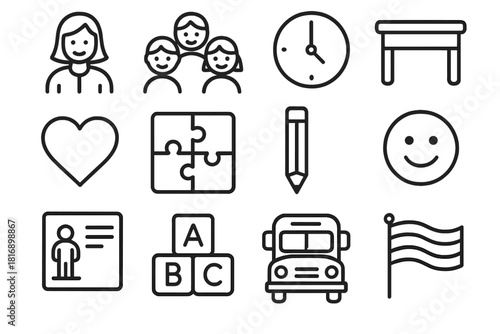 Childhood Learning Icons. Early Childhood Development linear icon set: teacher figure, children group, clock, desk, heart, puzzle board, color pencil, happy face, ABC block