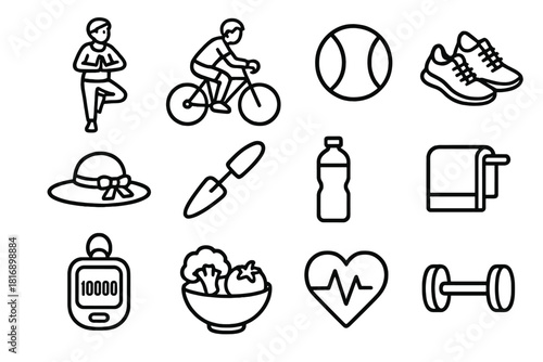 Healthy Lifestyle Icons. Active aging linear icon set. yoga pose, bicycle, tennis ball, walking shoes, sun hat, garden tool, water bottle, towel, step counter, healthy meal, heart