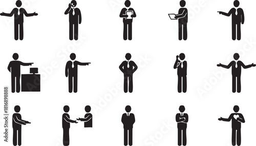 Diverse collection of stick figure businessman icons showcasing various actions and poses