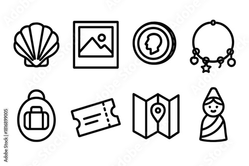 Travel Mementos Icons. Travel Keepsakes linear icon set. seashell, polaroid photo, coin, charm bracelet, travel sticker, ticket stub, map, small figurine.