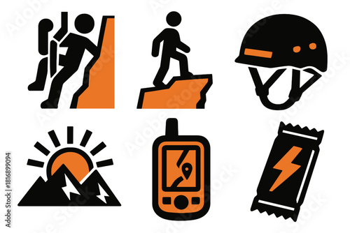 Adventure Hiking Icons. Adventure Hiking silhouette icon set. rope climb, rock edge, helmet, sunrise view, GPS tracker, energy snack.
