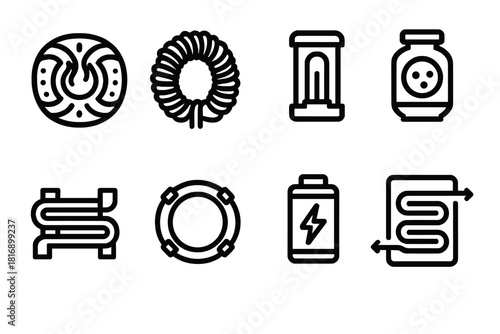 Fusion Energy Icons. Fusion energy devices linear icon set: plasma core, reactor coil, control rod, ion chamber, coolant conduit, magnetic ring, energy cell, heat exchanger