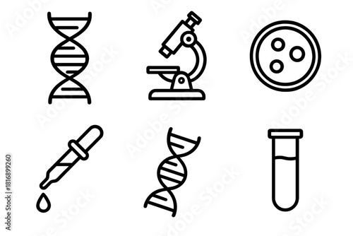 DNA Science Icons. DNA Science linear icon set. double helix, microscope, petri dish, pipette, gene strand, test tube