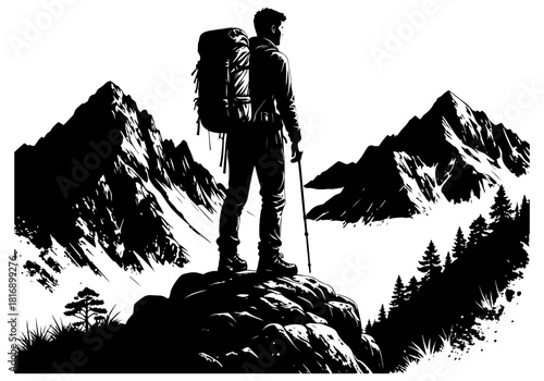 A lone camper sits by a warm campfire as tall pine trees surround a rugged mountain backdrop, under a crescent moon in a tranquil night forest setting2