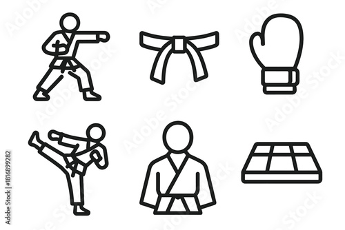 Karate Icons Set. Karate Practice linear icon set. punch stance, karate belt, glove, kicking motion, instructor, dojo mat.