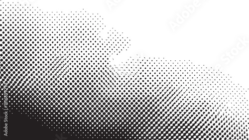 Abstract halftone dot pattern with a wavy edge and a dark gradient on a white background Keywords: halftone, dots, pattern, abstract, wavy, gradient, dark, black, white background, texture, design